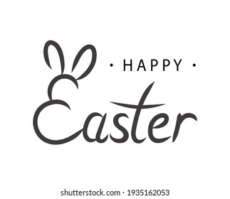 Happy easter vector text card. Hand drawn lettering with bunny ears. 