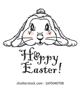 Happy Easter vector t-shirt print with lovely bunny in modern b&w style. text Hoppy Easter