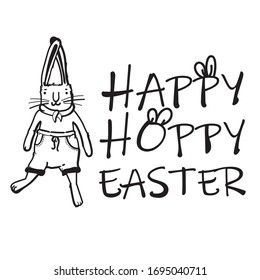 Happy Easter vector t-shirt print with lovely bunny in modern b&w style. Text Happy hoppy Easter