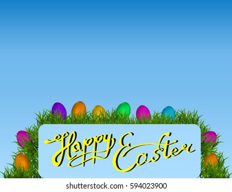 Happy Easter Vector Typography background with place for your text message with colored eggs and green grass on the white background. Vector Illustration EPS10