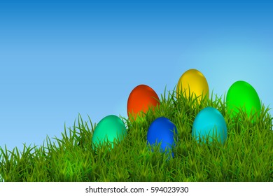 Happy Easter Vector Typography background with place for your text message with colored eggs and green grass on the white background. Vector Illustration EPS10