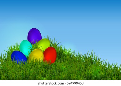 Happy Easter Vector Typography background with place for your text message with colored eggs and green grass on the blue background. Vector Illustration EPS10
