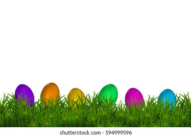 Happy Easter Vector Typography background with place for your text message with colored eggs and green grass on the white background. Vector Illustration EPS10