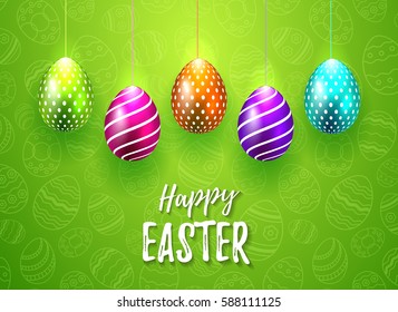 Happy Easter Vector Typography card with colored eggs on green seamless background for greeting card, ad, promotion, poster, flyer, web-banner, article, social media