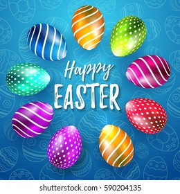 Happy Easter Vector Typography card with colored eggs on cyan seamless background for greeting card, ad, promotion, poster, flyer, web-banner, article, social media
