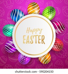 Happy Easter Vector Typography card with colored eggs on purple seamless background for greeting card, ad, promotion, poster, flyer, web-banner, article, social media