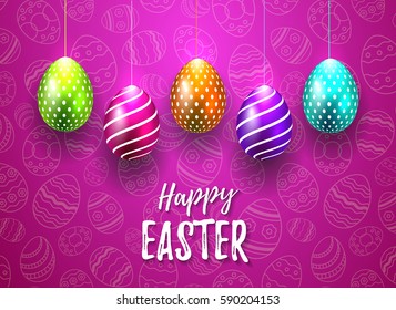 Happy Easter Vector Typography card with colored eggs on bright purple seamless background for greeting card, ad, promotion, poster, flyer, web-banner, article, social media