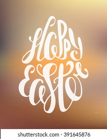 Happy Easter vector typography design elements for greeting cards, invitation, prints and posters. Hand drawn lettering on blurred background, modern calligraphy style