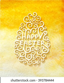 Happy Easter vector typography design elements for greeting cards, invitation, prints and posters. Hand drawn lettering with swirls on yellow watercolor background