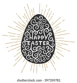 Happy Easter vector typography design elements for greeting cards, invitation, prints and posters. Hand drawn lettering in dark egg with starburst, handwritten lettering