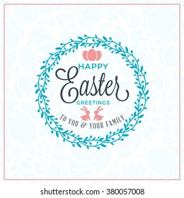 Happy Easter. Vector Vintage Holiday Badge. Vector Template for Greeting Card. Floral Background. Happy Easter Day, Easter Sunday, Easter Greeting Card