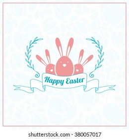 Happy Easter. Vector Vintage Holiday Badge. Vector Template for Greeting Card. Floral Background. Happy Easter Day, Easter Sunday, Easter Greeting Card