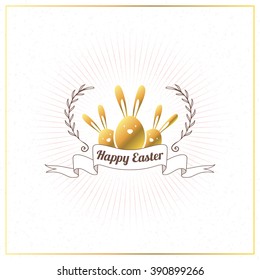 Happy Easter. Vector Vintage Holiday Golden Badge. Template for Greeting Card. Golden and Brown Colors. Happy Easter Day, Easter Sunday, Easter Greeting Card