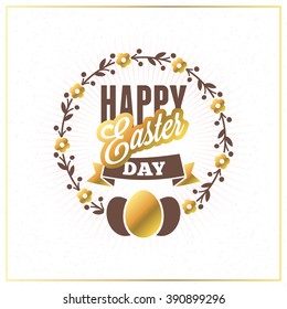 Happy Easter. Vector Vintage Holiday Golden Badge. Template for Greeting Card. Golden and Brown Colors. Happy Easter Day, Easter Sunday, Easter Greeting Card