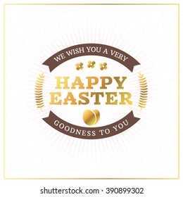 Happy Easter. Vector Vintage Holiday Golden Badge. Template for Greeting Card. Golden and Brown Colors. Happy Easter Day, Easter Sunday, Easter Greeting Card