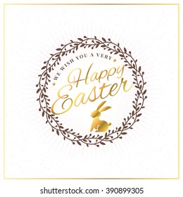 Happy Easter. Vector Vintage Holiday Golden Badge. Template for Greeting Card. Golden and Brown Colors. Happy Easter Day, Easter Sunday, Easter Greeting Card