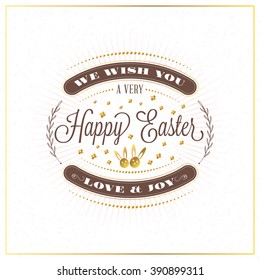Happy Easter. Vector Vintage Holiday Golden Badge. Template for Greeting Card. Golden and Brown Colors. Happy Easter Day, Easter Sunday, Easter Greeting Card