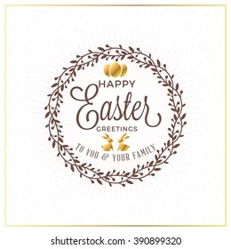 Happy Easter. Vector Vintage Holiday Golden Badge. Template for Greeting Card. Golden and Brown Colors. Happy Easter Day, Easter Sunday, Easter Greeting Card