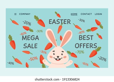 Happy Easter vector website template, web page and landing page design for websites and mobile website development. Easter discounts, great deal. Rabbit and carrots falling on it