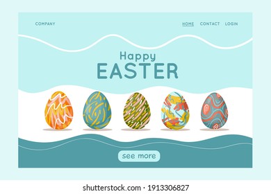 Happy Easter vector website template, web page and landing page design for websites and mobile website development. Easter eggs with different patterns