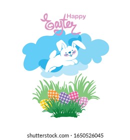Happy Easter. Vector. White Easter Bunny . Easter eggs are hidden in the grass. Rabbit jumps on the background of clouds. Carton style