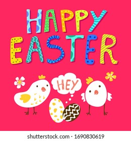 Happy Easter vector white chicken illustration in cartoon style on the pink background. Spring religious holiday. Bright and colorful illustration with hand drawn lettering