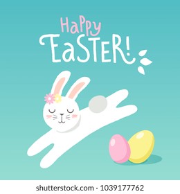 Happy Easter vectoral design easter greeting card with cute rabbit. Happy Easter handwritten lettering. Design template celebration. Vector illustration.