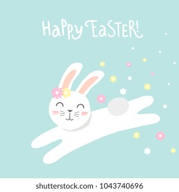 Happy Easter vectoral design easter greeting card with cute rabbit. Happy Easter handwritten lettering. Design template celebration. Vector illustration.