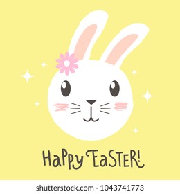Happy Easter vectoral design easter greeting card with cute rabbit. Happy Easter handwritten lettering. Design template celebration. Vector illustration.