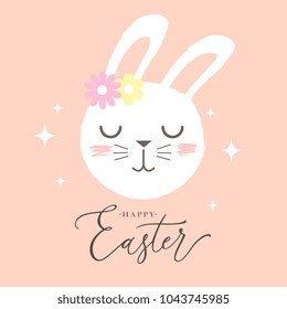Happy Easter vectoral design easter greeting card with cute rabbit. Happy Easter handwritten lettering. Design template celebration. Vector illustration.