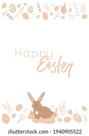 Happy Easter vertical banner, card with text and pattern border with flat eggs and branches. Cute rabbit sitting on the abstract ground. Vector illustration isolated on white background.