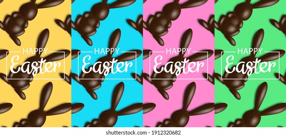 happy easter vertical banners design set  with 3d chocolate rabbits figures on colorful background for social media