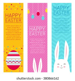 Happy Easter Vertical Banners with Easter Eggs, Easter Bunny, Easter Rabbit and Font. Vector Illustration.