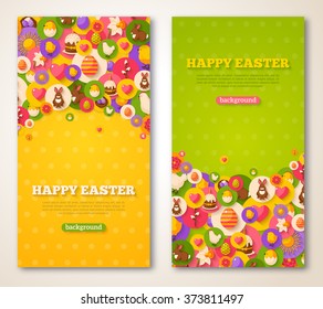 Happy Easter Vertical Banners Set. Vector illustration. Flat Spring Icons in Circles on Textured Backdrop. Place for your text. 