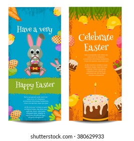 Happy Easter Vertical Banners Set With Eggs Chicks,Colorful Eggs, Yellow Chick ,Crocus, Easter Cake, Bunny,Carrots, a bouquet of Flowers,Basket with eggs.Flat Icons.Spring Concept with place for text.