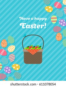 Happy Easter vertical blue greeting card template with basket. Vector illustration