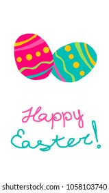 Happy Easter - vertical card design with two cute Easter eggs. Cartoon vector colorful sketch isolated at white background.