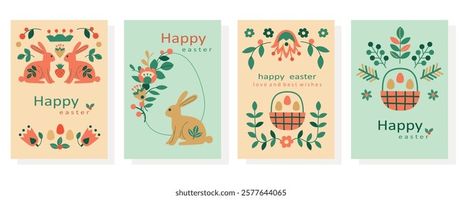 Happy Easter vertical card set with bunny, flowers and eggs. Hand-drawn vector illustration in flat style.
