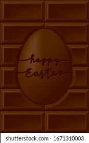 Happy Easter Vertical Chocolate Bar Style Logo with Spheric Chocolate Egg in the Middle and Greetings Handwritten Lettering Creative Concept - Brown on Similar Background - Vector Graphic Design