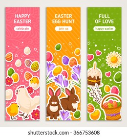 Happy Easter Vertical Concept Banners Set With Flat Sticker Icons. Vector Illustration. 