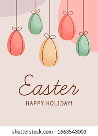 Happy Easter vertical greeting card. Easter decorated eggs are hanging on strings. Chocolate colorful eggs for spring religious holiday celebration. Vector illustration