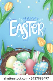 Happy Easter vertical greeting card with hanging on ribbons colorful painted Easter eggs, beautiful tulips (spring flowers) and glossy confetti on soft blue background with handwriting text