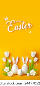 Tarjeta de felicitación de la Vertical de Pascua feliz con los huevos blancos y las orejas y las flores del banny aisladas en un fondo amarillo. Afiche de Pascua festiva. Diseño de Pascua de moda con texto Feliz Pascua. Pascua de vacaciones