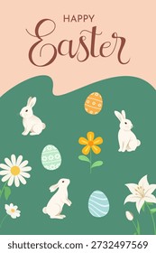 Happy Easter Vertical Greeting Card With Rabbits Flowers And Eggs Illustration