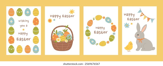 Happy Easter vertical greeting cards set with easter eggs, basket, rabbit, chick and flowers. Spring collection. Cute holiday banner, invitation templates on white background. Vector flat illustration