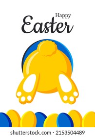 Happy Easter. Vertical poster with an Easter bunny and painted yellow and blue eggs on a white background. Vector.