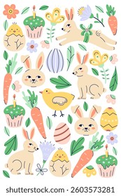 Happy Easter vertical poster with bunny and different elements. Greeting hand drawn card on white background. Flat illustration with partial outline. Isolated vector illustration.