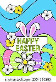 Happy Easter: vertical poster for greeting card, invitation or background. Flat vector illustration with eggs, flowers and rabbit ears