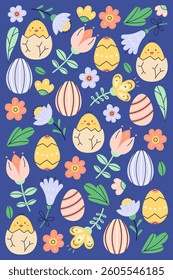 Happy Easter vertical poster with painted eggs and flowers. Greeting hand drawn card on dark background. Flat illustration with partial outline. Isolated vector illustration.