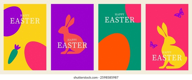 Happy Easter vertical posters with bunnies and eggs. Bright Easter backgrounds. Vector illustration.